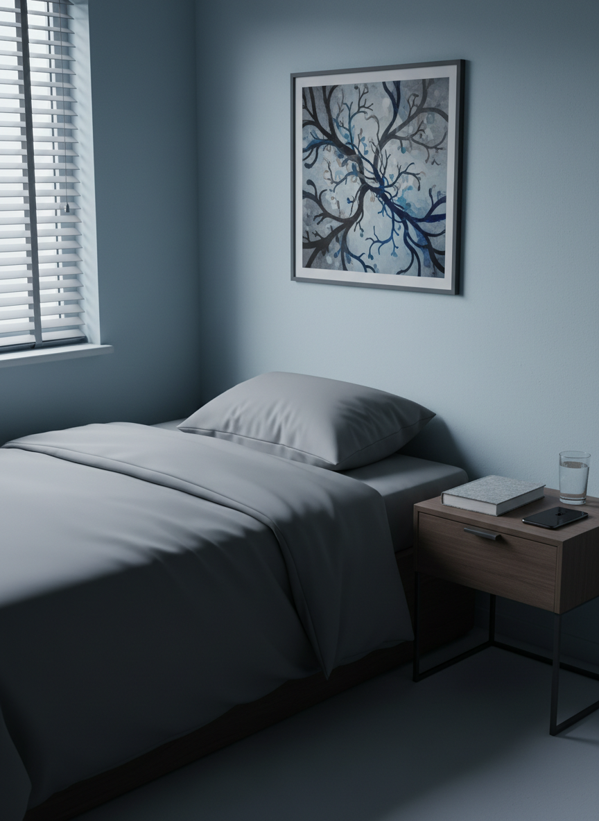 A neatly made, charcoal-gray bed with a single pillow and a minimalist nightstand holds a closed book, a glass of water, and a silent smartphone face-down. The room is clean and uncluttered, with muted blue walls and a single framed abstract print suggesting complex thought without any text. Early morning overcast light filters through a half-drawn blind, casting gentle, diffused shadows that feel calm yet slightly somber. Shot from a slightly elevated corner of the room, with sharp focus throughout, the photographic scene conveys solitude, reflection, and emotional distance, ideal for a discussion of men stepping back from dating and intimate relationships.