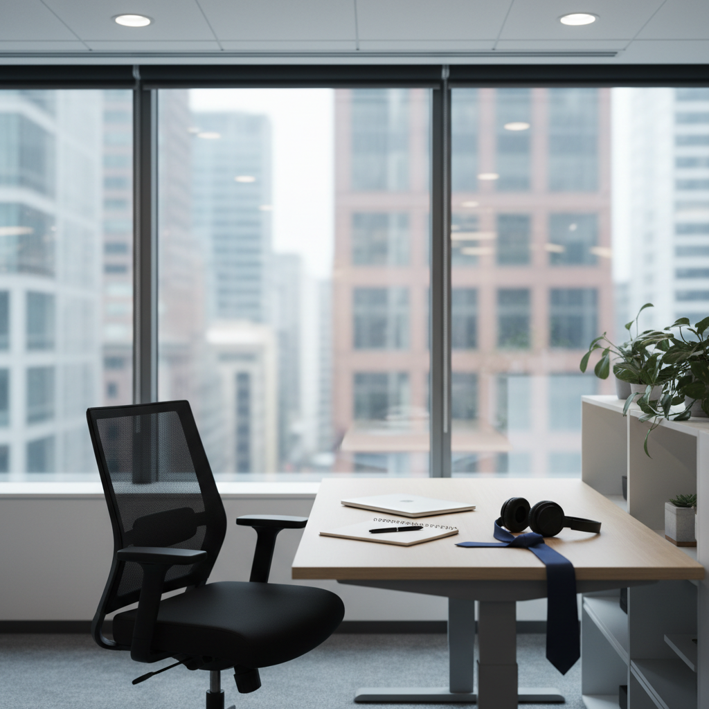 A modern coworking-style office corner features an empty ergonomic chair pushed back from a sit-stand desk, where a closed laptop, wireless headphones, and a neglected tie coiled beside a notebook hint at a paused corporate career. Behind the desk, a large window reveals a blurred city business district, its towers softened into abstract shapes. Cool, diffused daylight from the window mixes with subtle overhead office lighting, creating a neutral, analytical atmosphere. Photographic realism, with a medium-wide, eye-level shot and balanced composition, underscores a serious exploration of younger men reconsidering traditional career paths without using any clichéd or inflammatory visuals.