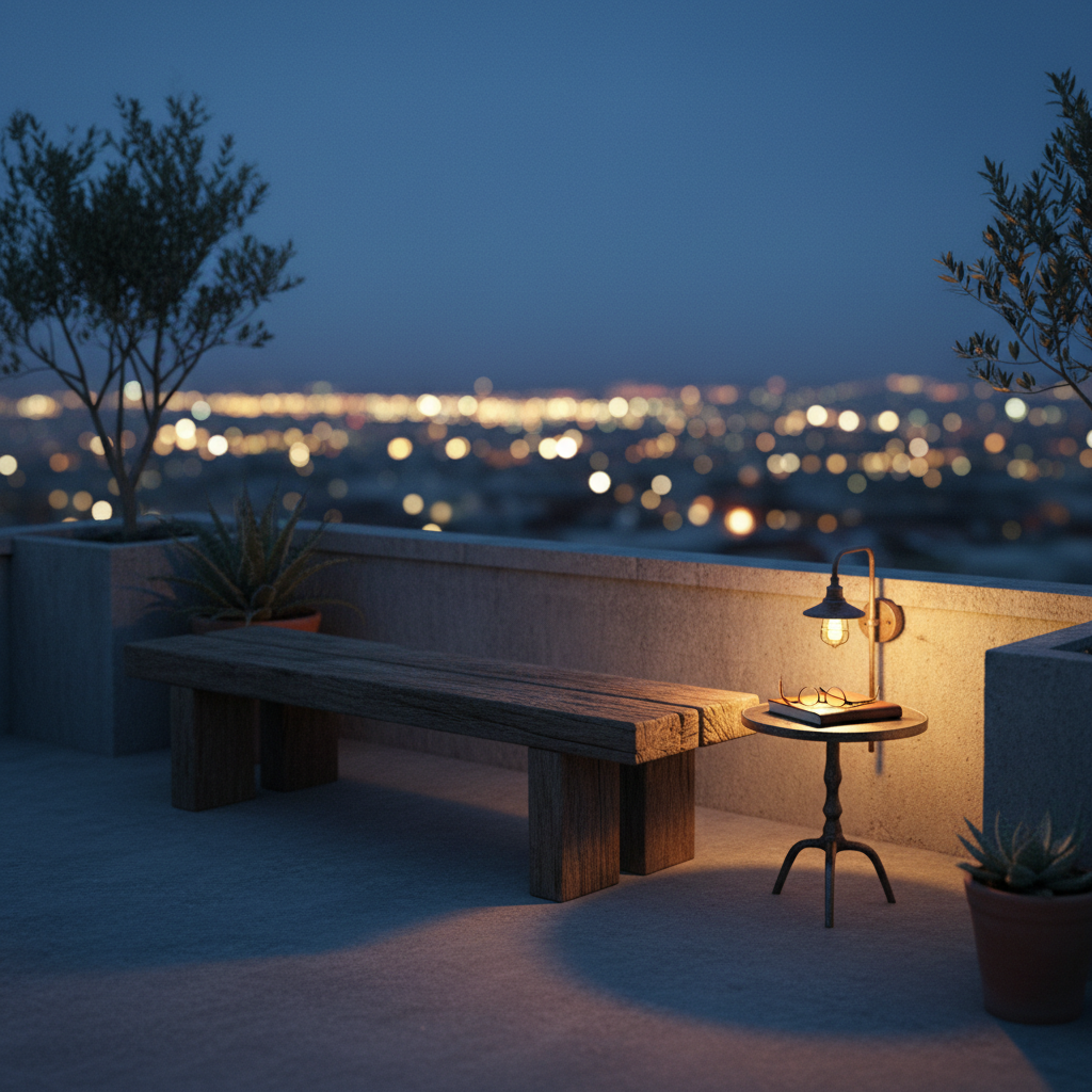 A sturdy, weathered wooden bench sits alone on a quiet rooftop terrace surrounded by low concrete walls and a few hardy potted plants. Next to the bench, a small metal side table holds a closed notebook and a pair of reading glasses, hinting at recently interrupted thought. The city below is rendered as soft bokeh lights during blue hour, with cool ambient tones and a faint warm glow from a single wall-mounted light. Captured in photographic realism from a low, three-quarter angle, the scene feels introspective, calm, and slightly isolated, perfect for an article on men questioning societal expectations of masculinity and success.