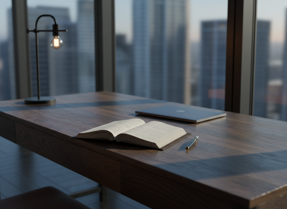 A heavy, dark oak desk with a slightly worn surface, scattered with an open leather-bound journal, a fountain pen, and a closed laptop, stands near a large window in a high-rise apartment. Outside, an abstract city skyline is softly out of focus, suggesting modern life without showing people. Cool late-afternoon light streams in, creating long, contemplative shadows across the desk and highlighting the grain of the wood. A single desk lamp with a warm bulb adds contrast, symbolizing focused thought. Photographic realism, eye-level composition, and a shallow depth of field emphasize introspection and serious analysis, suitable for an article about modern men reflecting on their lives and choices.