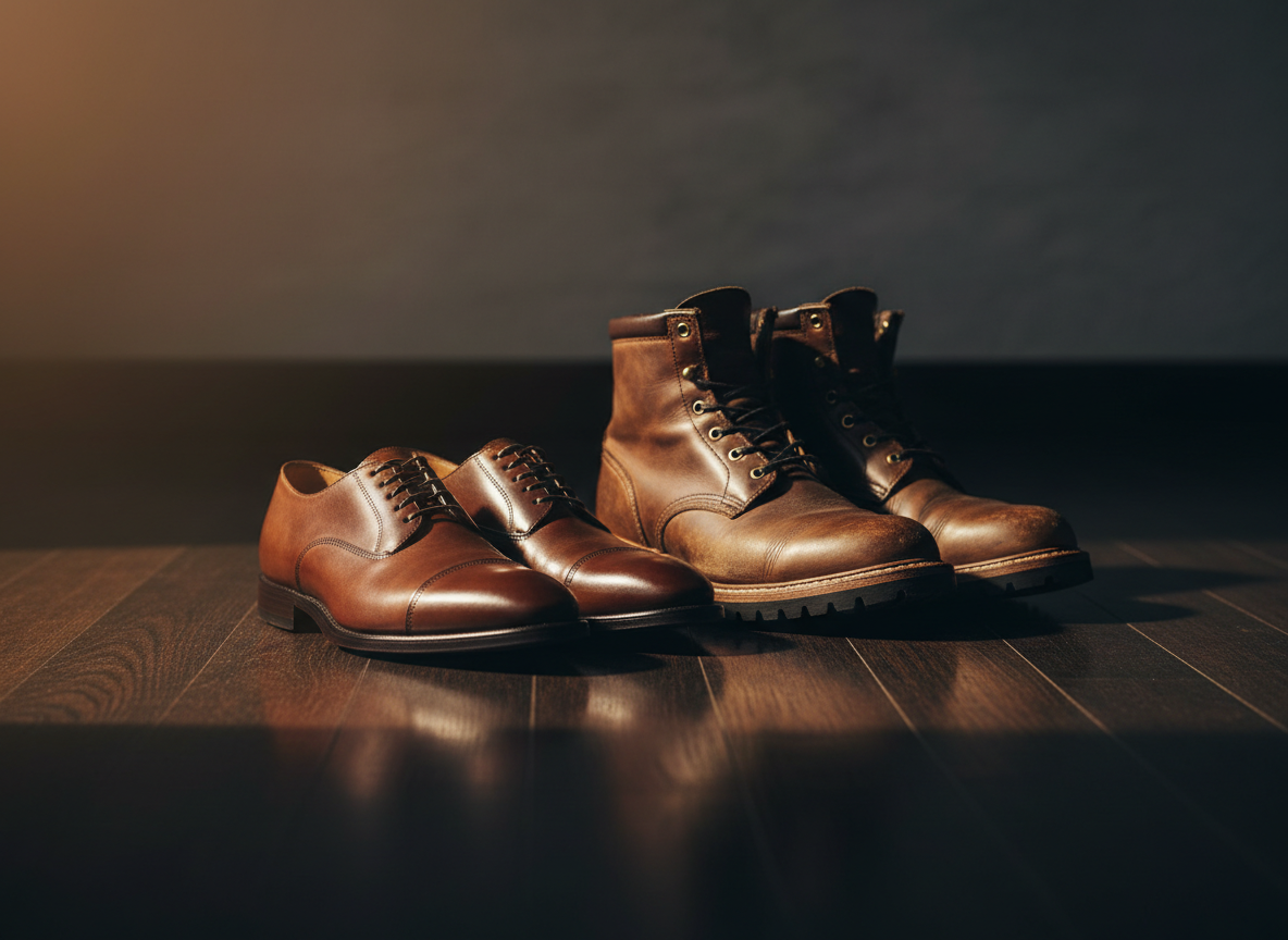 A polished pair of Oxford dress shoes beside rugged leather work boots on a dark hardwood floor
