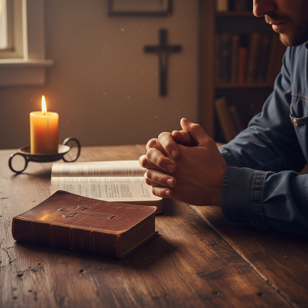 A man's hands folded in prayer on a dark wooden table with a worn leather Bible beside them