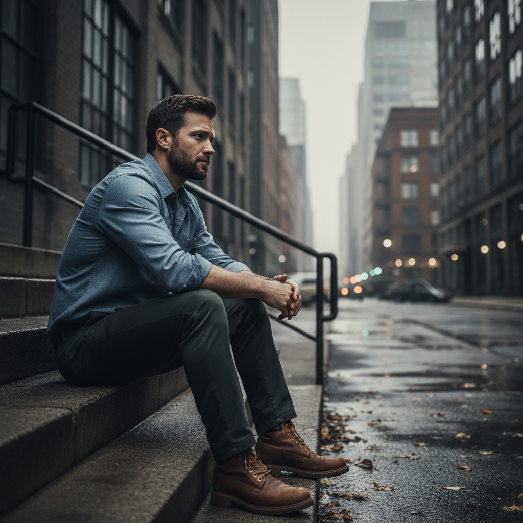 A man in a dress shirt and work boots sitting on concrete steps with quiet determination