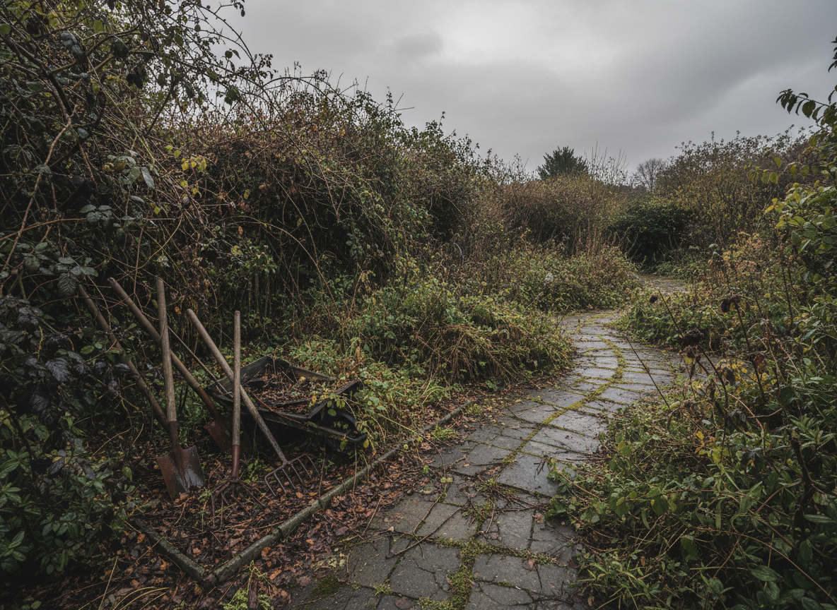 An overgrown, neglected garden symbolizing men's untended emotional lives. Weeds and thorny brambles have taken over what was once a structured garden. Rusted garden tools lie abandoned. Cracked stone pathways are barely visible beneath layers of tangled vines and dead leaves. The atmosphere is moody and overcast, with muted, desaturated greens and greys. The scene feels heavy and melancholic, evoking emotional neglect and untended inner life.
