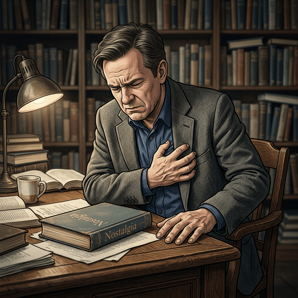 Current image: Man clutching his chest beside a book labeled “Nostalgia”