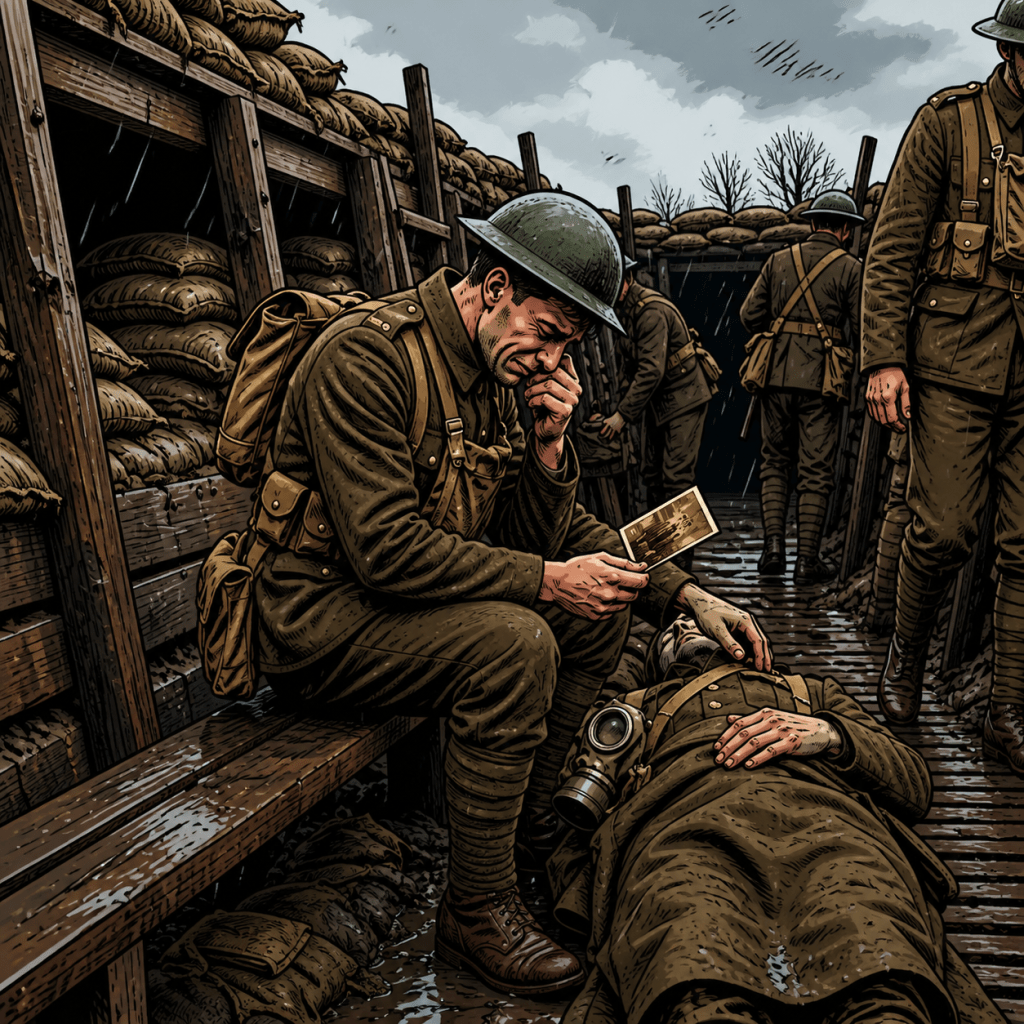 World War I soldier grieving beside a fallen comrade in a trench