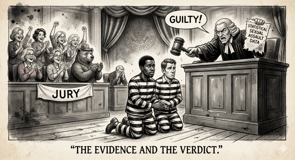 A courtroom scene depicting a judge declaring a verdict of 'GUILTY' to two men in prison attire, while a jury, including a bear, reacts enthusiastically. The judge holds a gavel and statistical data on sexual assault is visible.